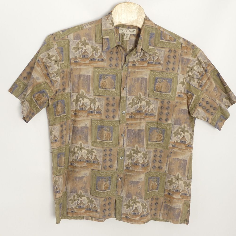 Tori Richard Honolulu Cotton Lawn Hawaiian Shirt Tiki Huts Pineapple Men's XL